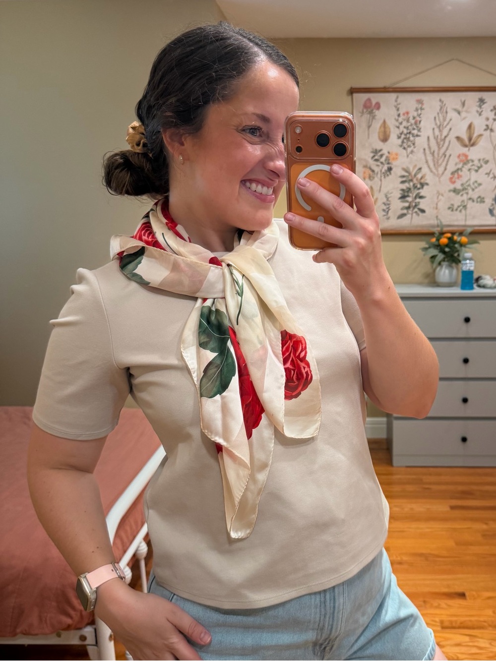 Vintage Jones New York Silk Floral Scarf - Cream with Red Rose Print